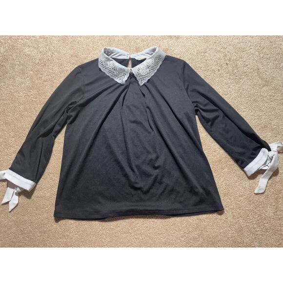 Faith and Joy‎ Embroidered Collar Stretch 3/4 Tie Sleeve Top Blouse Size S - Picture 1 of 4